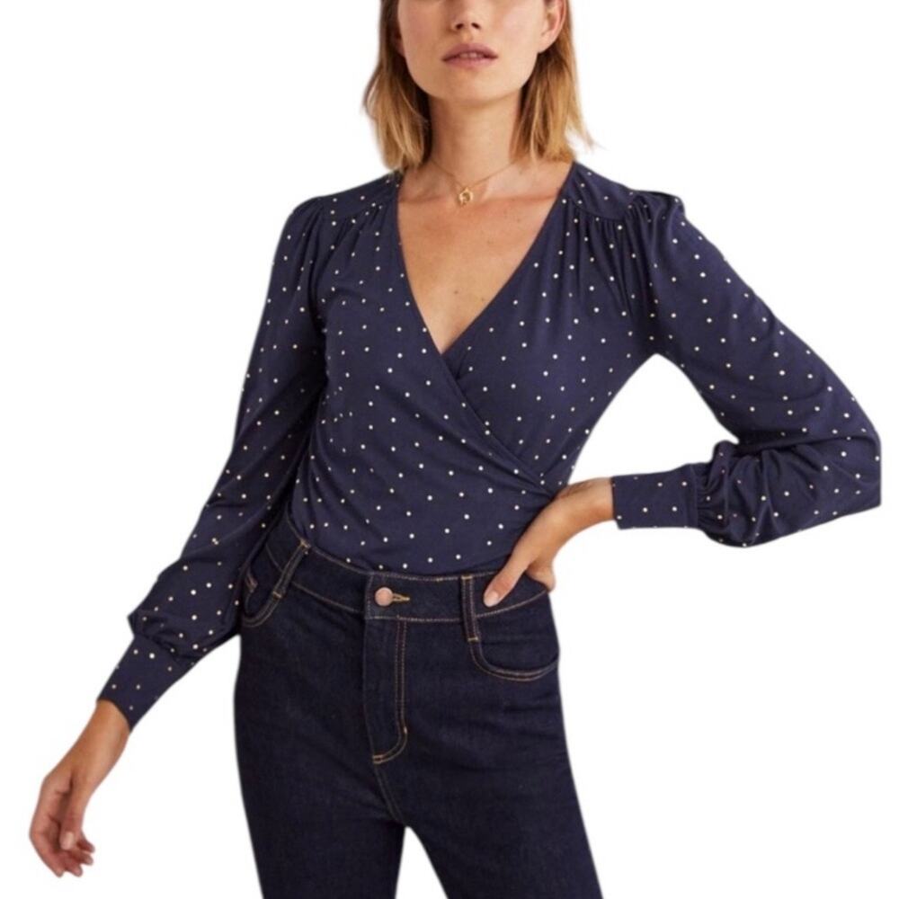 Boden Women's Navy Blue Faux Wrap Top Blouson Puff Sleeve V-Neck Blouse - 10